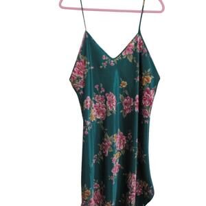 Dentelle Womens Sz L Emerald Green Floral Satin Slip Dress Vintage Made in USA
